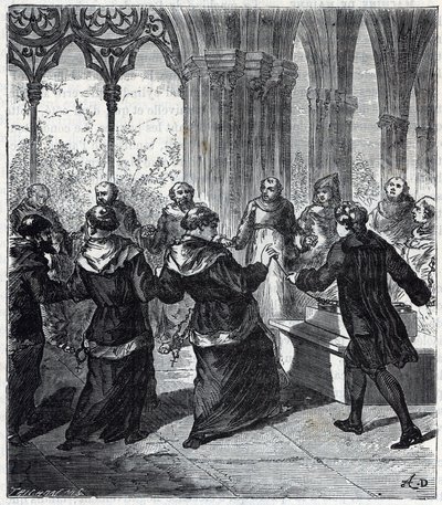 JEAN ANTOINE NOLLET (1700-1770) gave an electric concussion to the religious of a convent in Carthusian - Engraving in Sciences brought to the reach of all - physics and chemistry by Alexis Clerc - Late 19th century - Private collection by French School