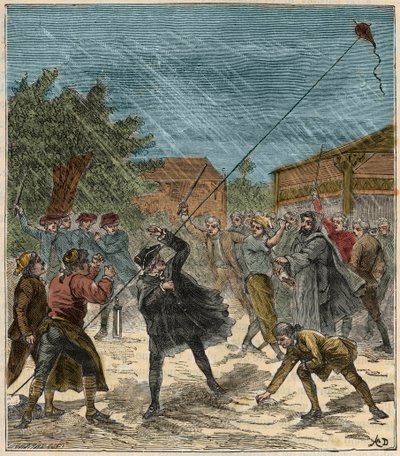 Jacques de Romas (1713-1776) French doctor and inventor - Jacques de Romas (1713-1776), French physicist, experimenting with a kite to capture atmospheric electricity in 1752 - Engraving in 