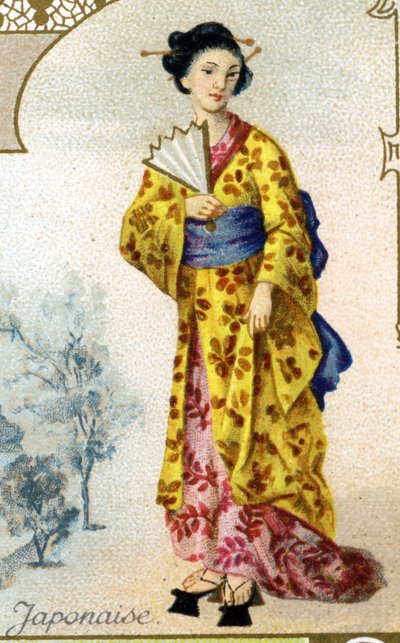 Japanese Woman. Series of 25 Advertising Chromos for the Dijon Manufacture of Biscuits Pernot, created in 1869. Detail of the Characters in Traditional Costume by French School