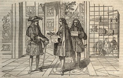 Jean Baptiste Colbert (Jean-Baptiste) (1619-1683) in a meeting with King Louis XIV and Francois Louvois (1641-1691) in Versailles - engraving after Leclerc by French School