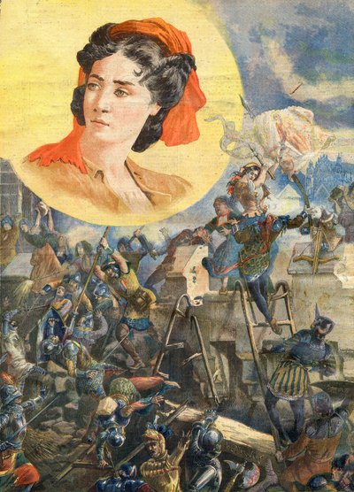 Jeanne Laisne (1456-?), known as Jeanne Fourquet, nicknamed Jeanne Hachette Heroine francaise - Jeanne Hachette at the Siege of Beauvais 1472 - Illustration for Le Petit Journal, 8 January 1894 by French School