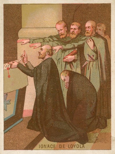 Jesuit priest Saint Ignatius of Loyola kneeling at an altar by French School