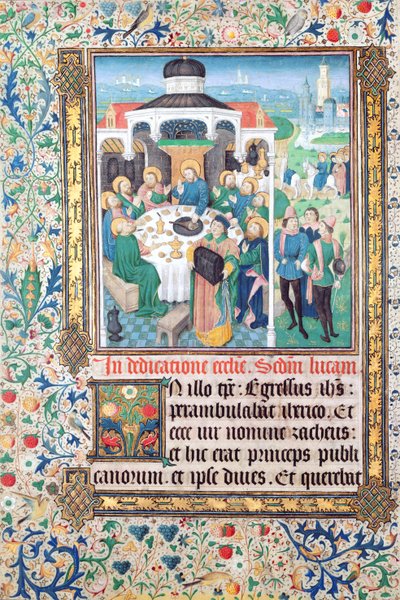 Jesus eating at the house of the tax collector, Zacchaeus and the Entry into Jerusalem, miniatures from the Gospel of Luke by French School