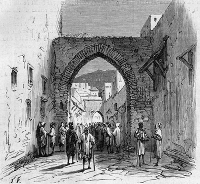 Jewish population of Tetouan in Morocco: view of the gate of the Jewish barrio by French School