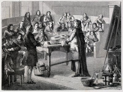 Joseph Black (1728 - 1799), British chemist and physicist, experiences the latent caloric before the students of the University of Glasgow by French School
