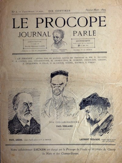Journal du Procope, Parisian cafe, February 1895: portraits of French poets Paul Verlaine, Paul Arene and Laurent Tailhade by French School