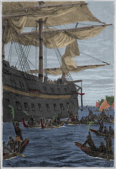Journey of Samuel Wallis (1728-1795) to Polynesia: Indigenous People Holding Banana Branches in Hand as a Welcome Greeting - Illustration Taken from 