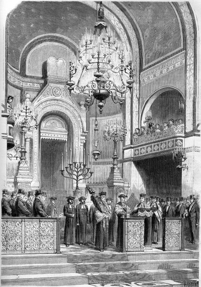 Judaism: solemn reception of the Grand Rabbi of Paris, Zadoc Kahn (1839-1905), in the synagogue of Rue Notre Dame de Nazareth, 13 January 1869. The Grand Rabbi intones the 