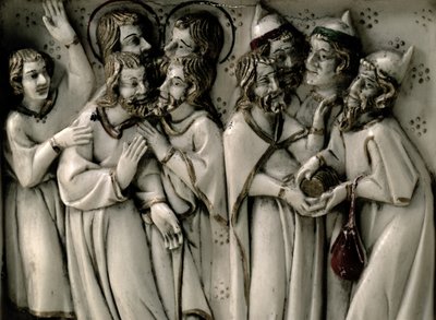 Judas receiving thirty pieces of silver, detail of ivory diptych, French by French School