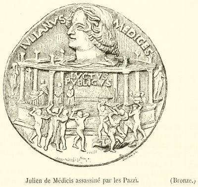 Julien de Medicis assassinated by the Pazzi, Bronze (engraving) by French School