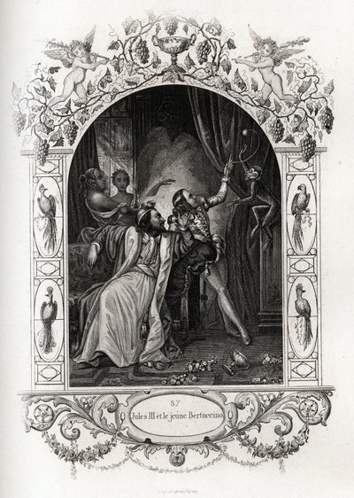 Julius III (Julius or Iulius or Giulio) (Pope from 1550 to 1555) and the Young Bertuccino, the Monkey Show. Engraving to Illustrate 