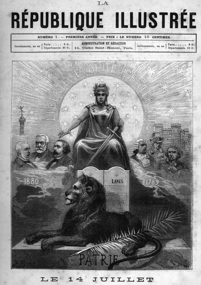 July 14: Allegory of the French Republic. A woman crowned with laurels and holding a sword. At her feet, a lion, a palm and the table of laws. Above it, the motto of the Republic Liberty, Equality, Fraternity. On the sides, intellectual and political figur by French School