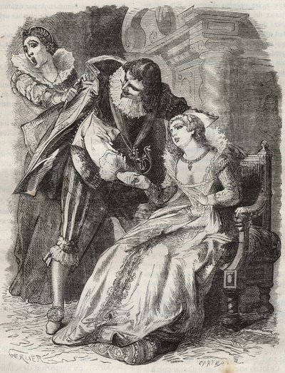 Jumping like a furious, grabbing the duke by his coat... Queen of France Anne of Austria and the Duke of Buckingham by French School