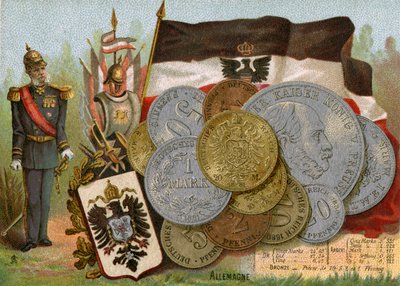 Kaiser Wilhelm I standing beside the flag of the Kingdom of Prussia and a display of German Deutschmarks, c.1890 by French School