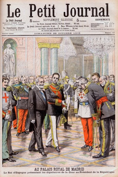 King Alfonso XIII of Spain presenting his court to President Emile Loubet of France at the Royal Palace in Madrid. Illustration for Le Petit Journal by French School