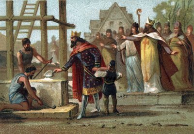 King Dagobert I (600-639) overseeing the construction of the Cathedrale Saint Denis. by French School