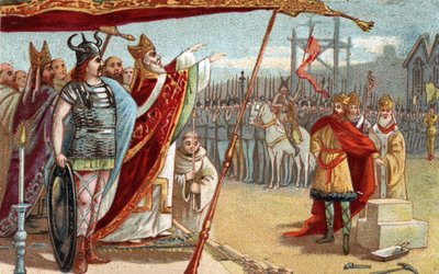 King Dagobert I, Merovingian king of the Franks, lays the first stone of the Basilica of Saint Denis in the presence of Saint Eloi. Chromolithography of the late 19th century. by French School