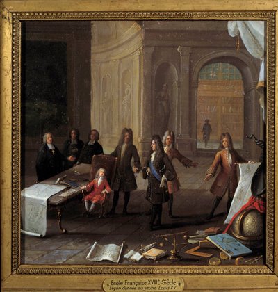 King Louis XV (1710-1774) child receiving a lesson in the presence of Cardinal Fleury and Regent Philip II Duke of Orleans (1674-1723). Anonymous painting of the 18th century by French School