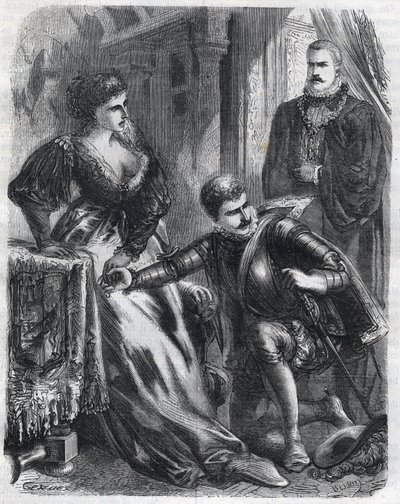 King Philip II (1527-1598) surprises his son, Prince Don Carlos (1545-1568), trying to violate his stepmother, Queen Elisabeth (1545-1568) (Elisabeth of France or Isabelle of Valois), January 17 by French School