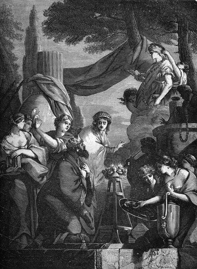 King Solomon (10th century BC) surrounded by his concubines. Engraving in 