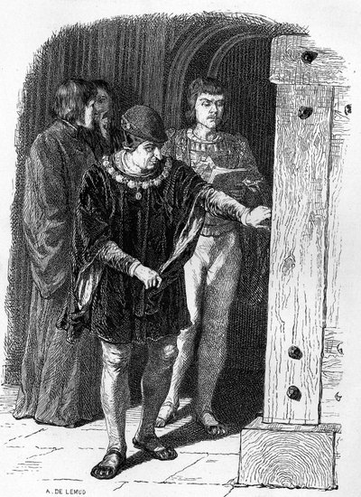 King of France Louis XI visiting the cages of the Bastille. Engraving in 