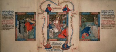 The Resurrection, Samson breaking down the gates of Gaza, Jonah escaping from the whale, from the Biblia Pauperum, early 15th century by French School