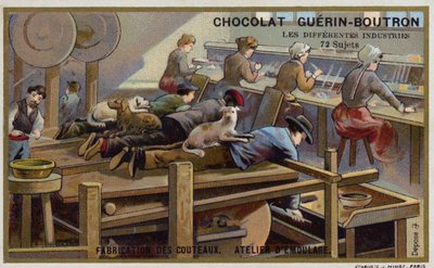 Knife manufacturing. Sharpening workshop by French School