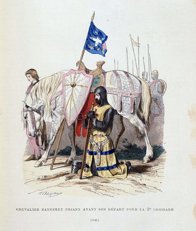 Knight banneret praying before his departure for the 2nd crusade - engraving by French School