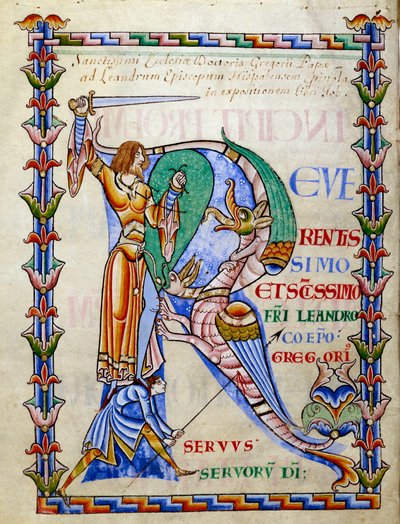 Knight fighting the dragon - lettrine R (initial), Miniature from the manuscript Moralia in Job, Morales sur Job by Saint Gregoire, from the citeau abbey by French School