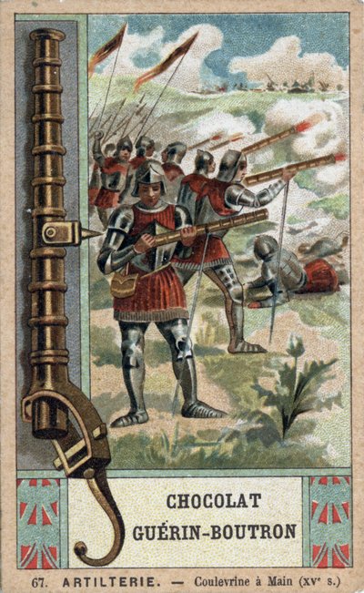 Knight manoeuvring a hand coulevrine from the 15th century (Chromolithography of the 19th century of Guérin-Boutron chocolates) by French School