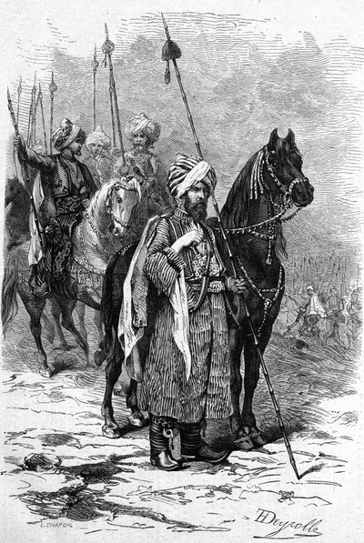 Kurdish soldiers in 1877 during the Eastern War (1875-1878) also called the Russo-Turkish War. Engraving in Le Monde Illustré n°1055 of June 30 by French School