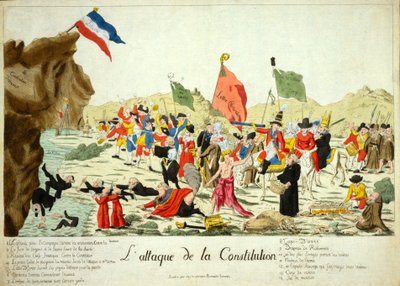 The Attack on the Constitution, pub. 1792 (hand-coloured engraving) by French School