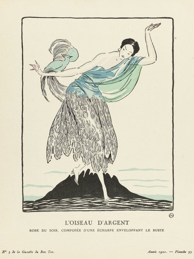 The Silver Bird. Evening Dress, composed of a scarf enveloping the bust from La Gazette du Bon Ton, pub. 1914 by French School