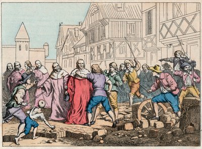 La Fronde (27 August 1648) - barricades in Paris: a rotor boy threatening the President of Parliament, Mathieu Mole (1584-1656) - President Mole manhandled by insurgents - Engraving of the end of the 19th century in 