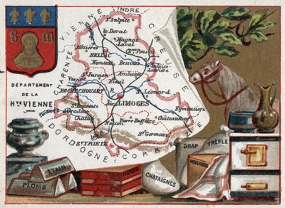 La Haute Vienne (Haute-Vienne, 87), Limousin, France. Tin, Lead, Chestnut Paper, Sheet, Clover and Handkerchiefs. Series on the French Departments. Chromolithography 