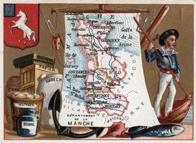 La Manche, Basse Normandy, France. Local speciality: peach and oysters, cider and paper. Series on the French Departments. Chromolithography 