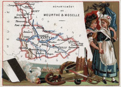 La Meurthe et Moselle (Meurthe-Et-Moselle, 54), Lorraine, France. Portrait of two revolutionary women. Series on the French Departments. Chromolithography 