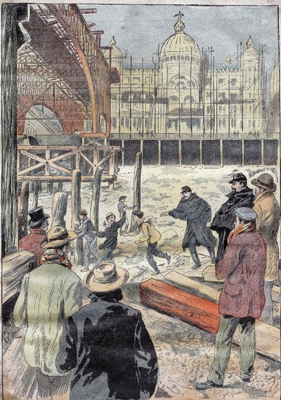 The frozen Seine, near the iron bridge built for the universal exhibition, next to the Pont des Invalides, winter 1899. Engraving in 