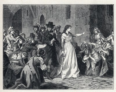 The Terror during the French Revolution: Madame Jeanne Marie Roland de la Platiere (1754-1793) leaving the Concierge prison to go before the Revolutionary Court in 1793. Her co-detainees kneel in her path by French School
