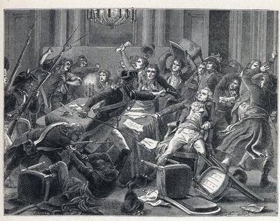 The Terror during the French Revolution: arrest of Maximilian de Robespierre (1758-1794) and his supporters reunited at the Hotel de Ville de Paris on 9 Thermidor year II (27 July 1794). In the center, a gendarme fired a pistol at Robespierre by French School