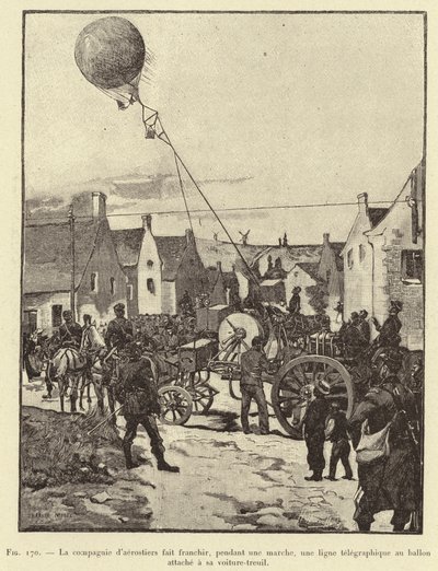 The Company of Aeronauts makes a telegraph line cross during a march, a balloon attached to its winch vehicle (engraving) by French School