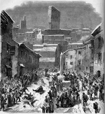 Sledding in Bourdeaux, Drome (26), Winter 1860 - Engraving in 