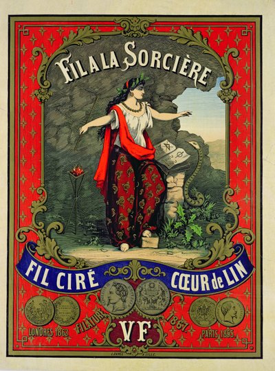 Label for Fil a la Sorciere brand of sewing thread by French School