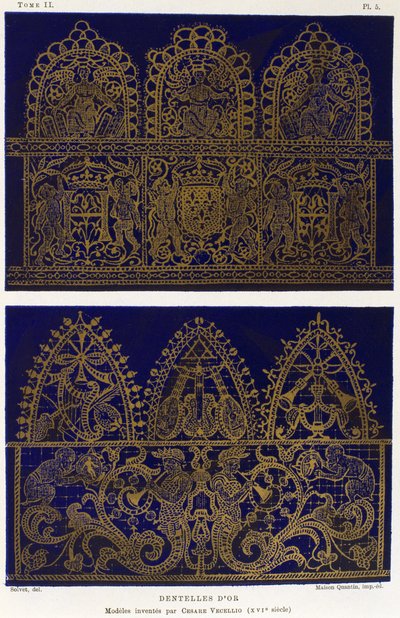 Lace samples in gold, By Cesare Vecellio, Engraving from Dictionnaire de l