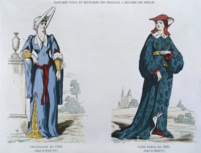 Lady in 1498 under the reign of Charles VIII, noblewoman in 1395 under the reign of Charles VI, from Costumes civils et militaires des francais a travers les siecles by French School