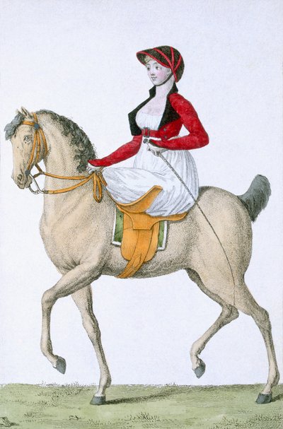 Lady riding sidesaddle, from Costumes Parisien, published in Journal des Dames et des Modes, 1798 by French School