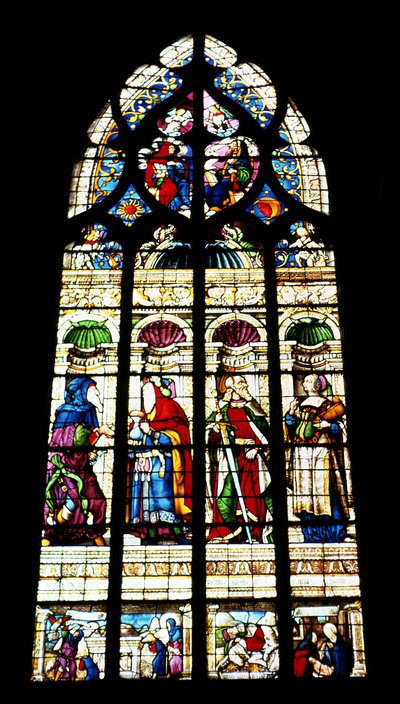 Lancet window depicting four figures in niches by French School