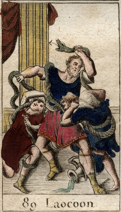 Minerva supporting the Greeks sends the sea snakes to attack Laocoon who warns the inhabitants of the city of Troy against the horse. From “Mythology of Youth” by Pierre Blanchard 1803 by French School