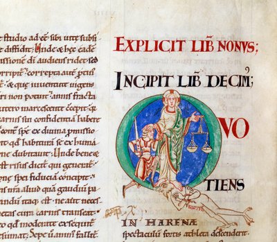 Last judgment christ welcoming job letter Q (lettrine). Miniature from the manuscript Moralia in Job, from citeaux abbey by French School