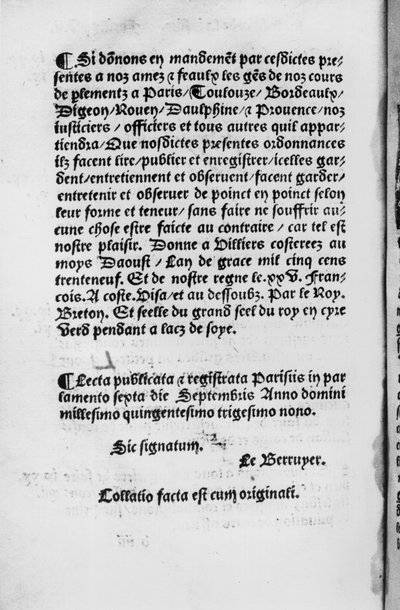 Last page of Ordinance of Villers-Cotterets, 1539 by French School